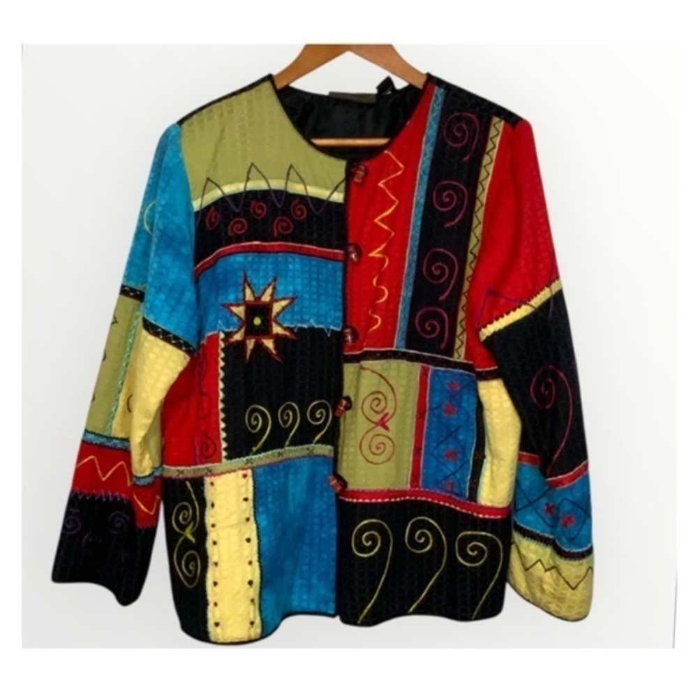 Alex Kim Vintage Colorful Vibrant Funky Embroidered Patchwork Jacket Medium